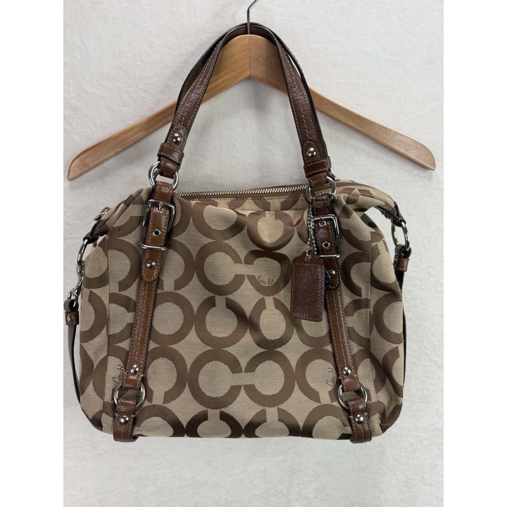 Coach Women's Brown Beige Shoulder Bag Logo Pattern Leather Trim Purple Interior